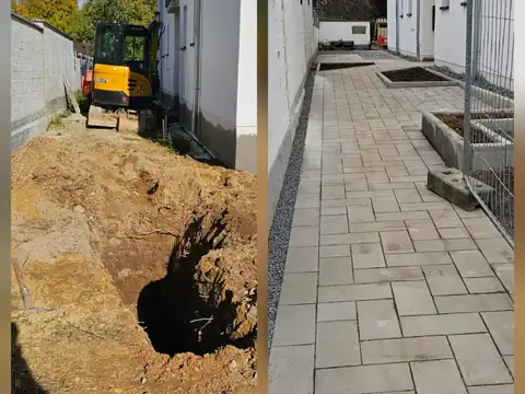 Aushub neben fertigem Pflasterweg
