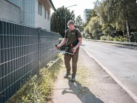 Grünschnitt entlang eines Zauns mit dem Freischneider